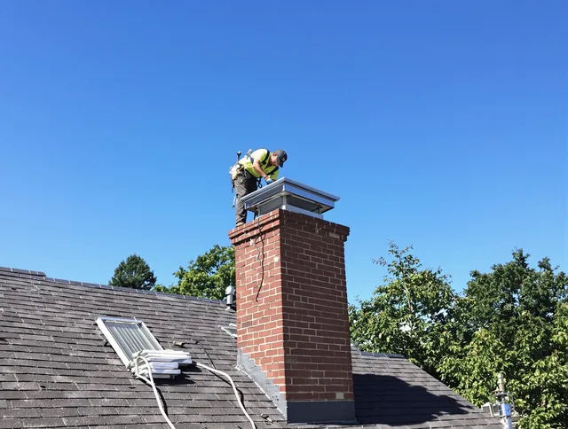 Greenwich Chimney Sweep technician measuring a chimney cap in Greenwich, CT