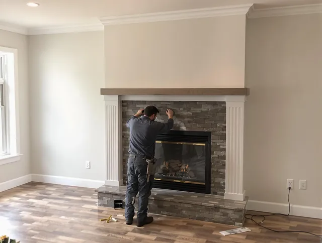 Greenwich Chimney Sweep finishing a custom fireplace install in Greenwich, CT